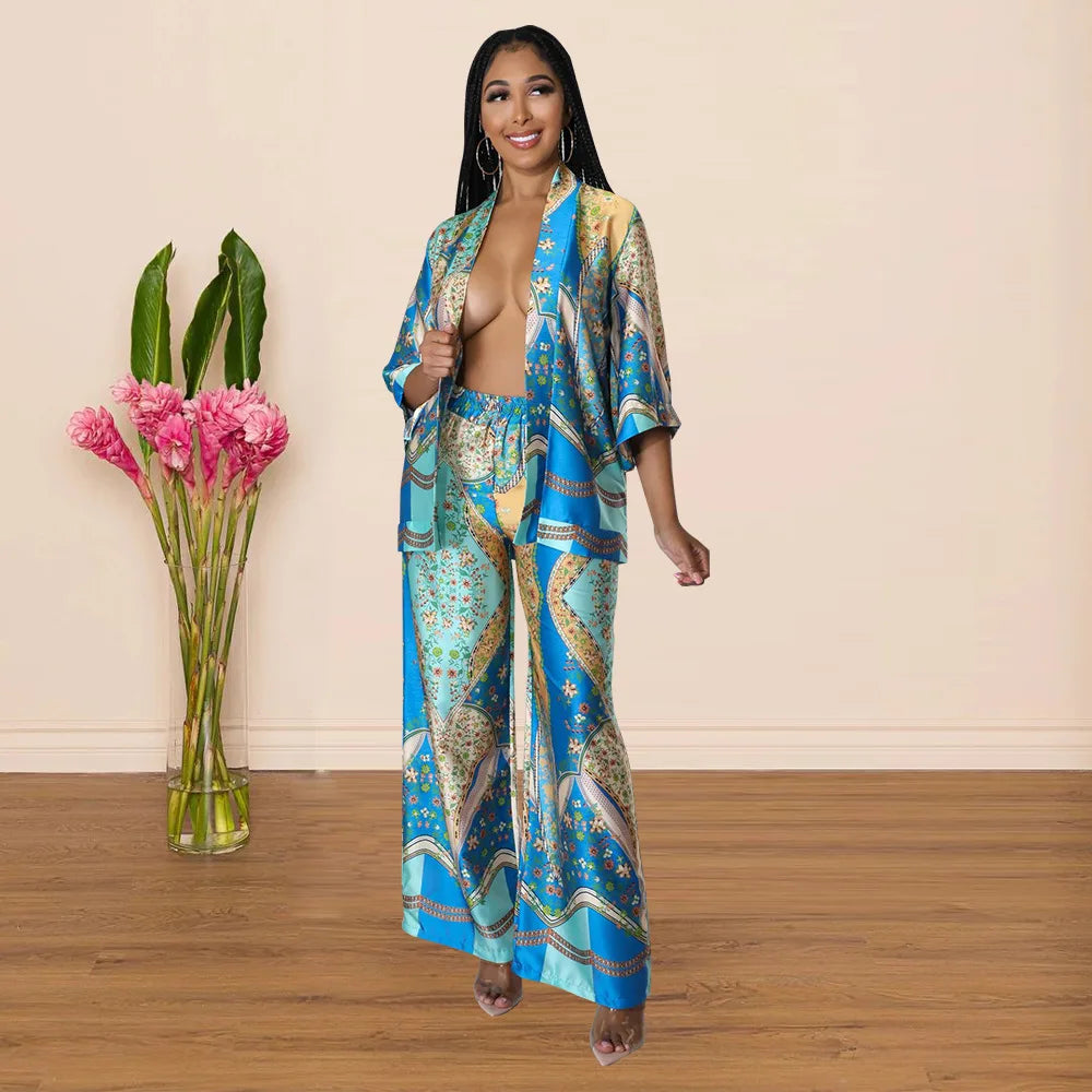 Women's Imitation Silk Printed Two Piece Set with Lace-Up Long Sleeve Top and Wide-Leg Pants for Casual Street Style