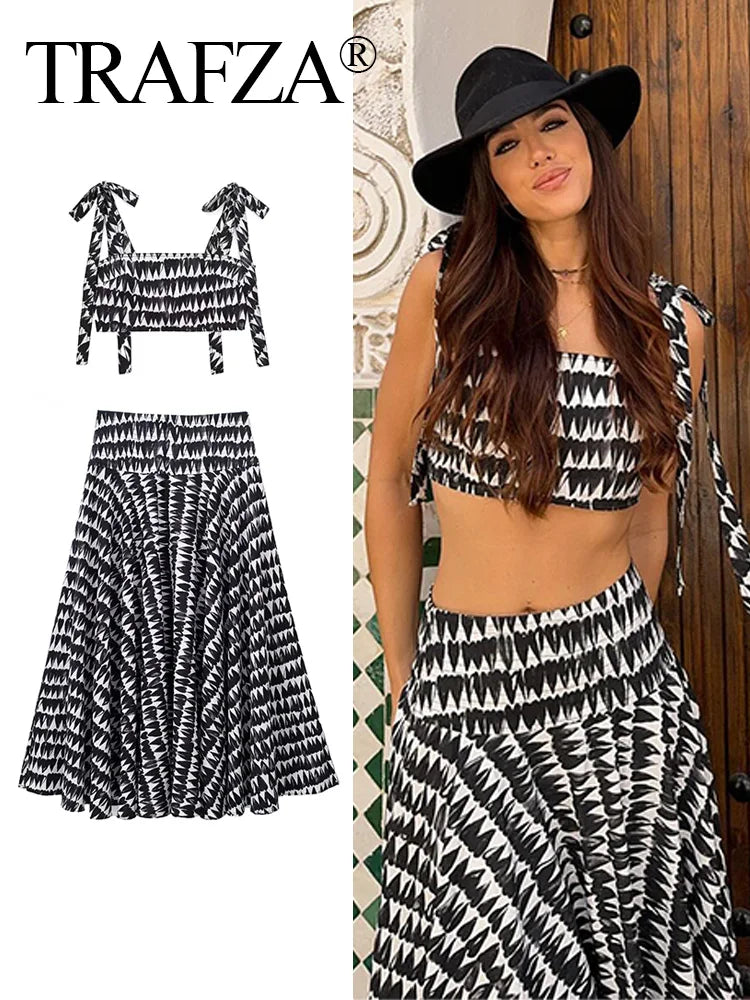 Women's Fashion Print Set Sexy Backless Sleeveless Slim Lace-Up Corset Crop Top with Elegant A-Line Pleated Midi Skirt