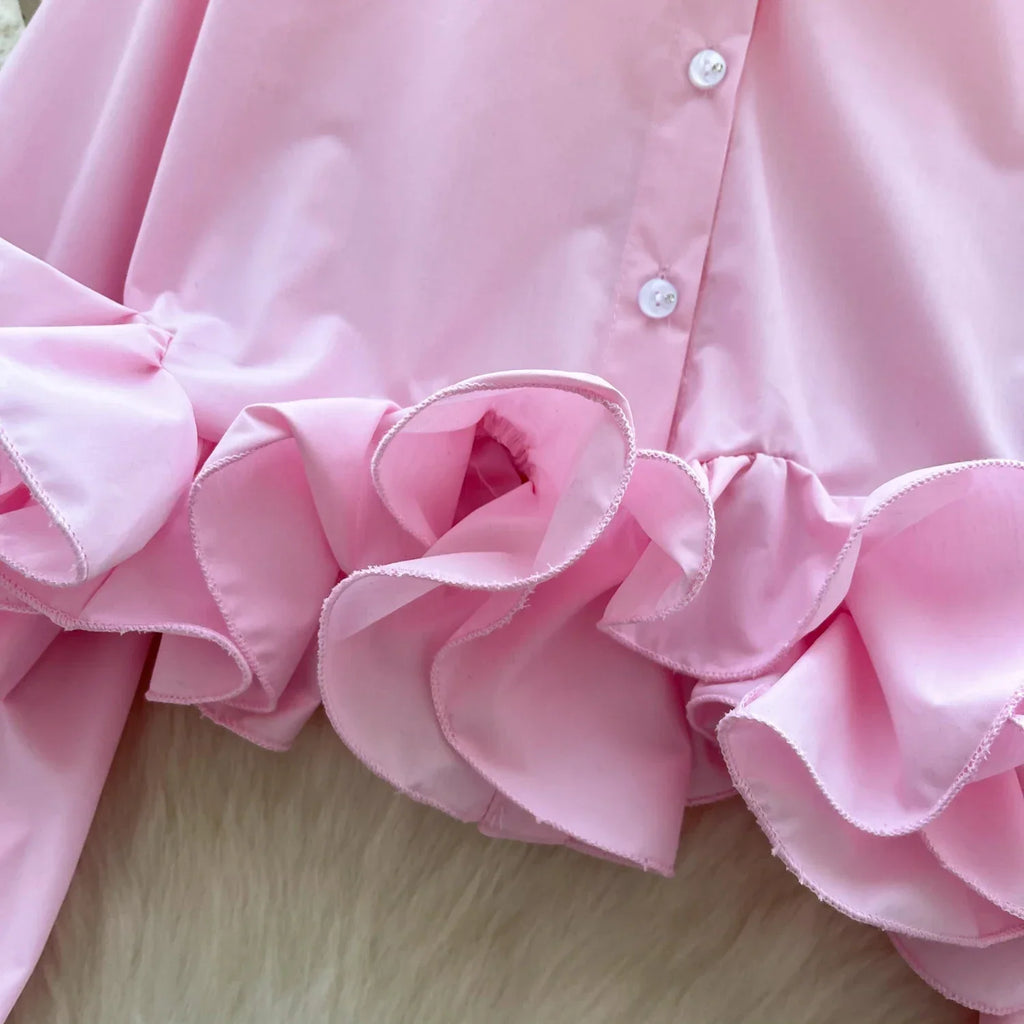 Women's 3D Floral Long Sleeve Blouse Single Breasted Turn-Down Collar Slim Fit Solid Color Shirt