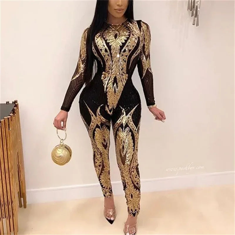 Sexy Sheer Mesh Patterned Jumpsuit for Women Slim Fit Pencil Trousers Romper One-Piece Party Clubwear Night Out Pants