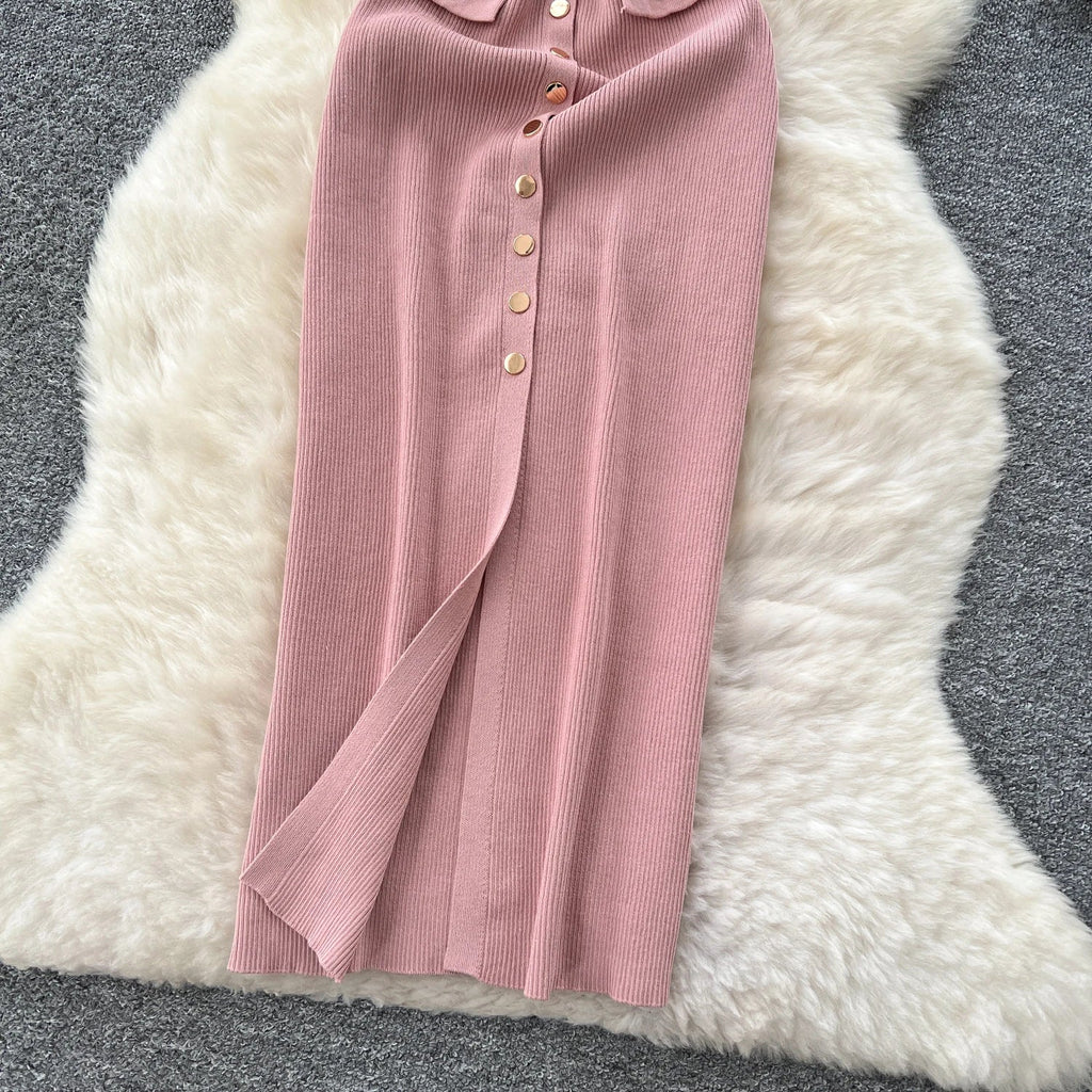 Elegant Solid Knitted O Neck Sleeveless Midi Dress Buttons