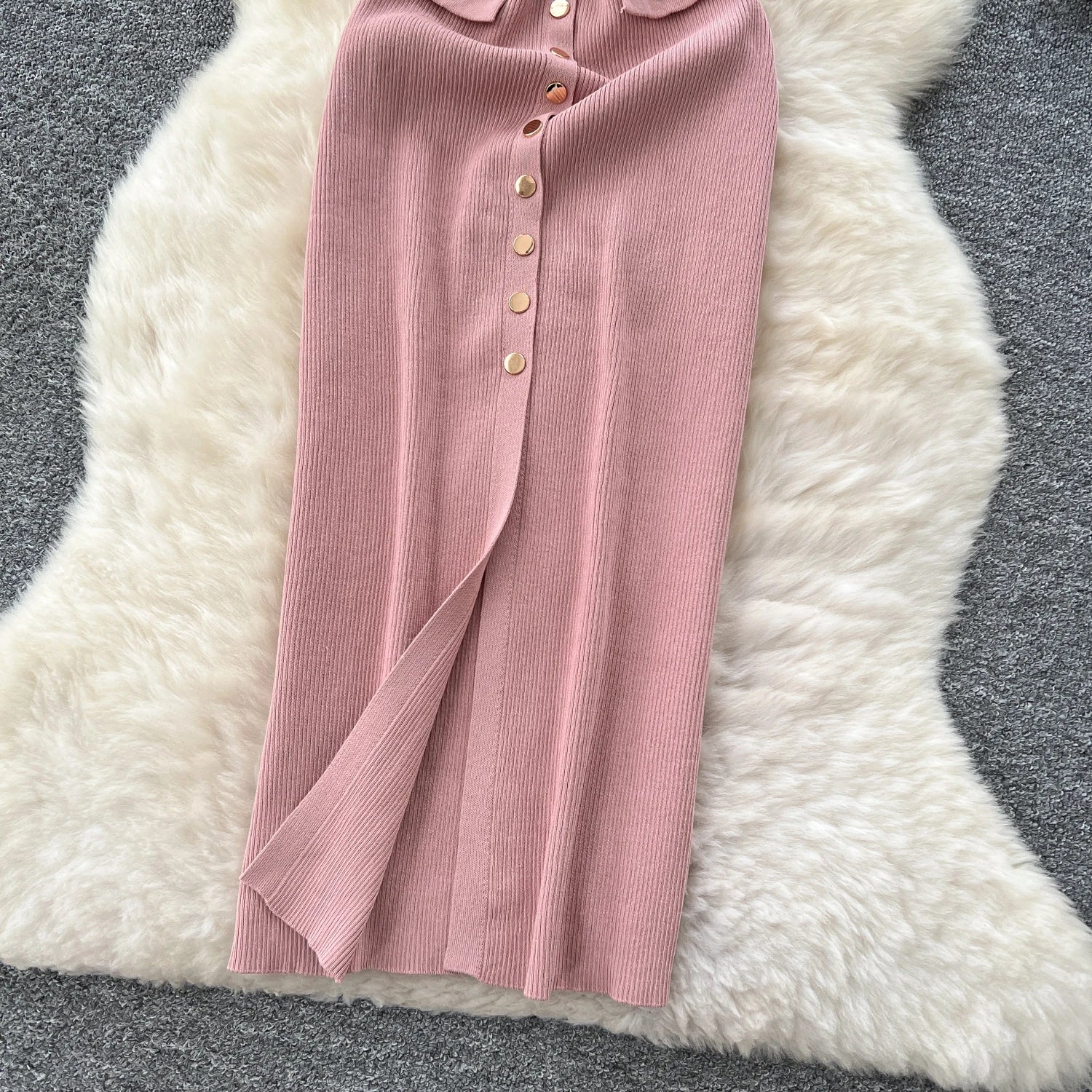 Elegant Solid Knitted O Neck Sleeveless Midi Dress Buttons