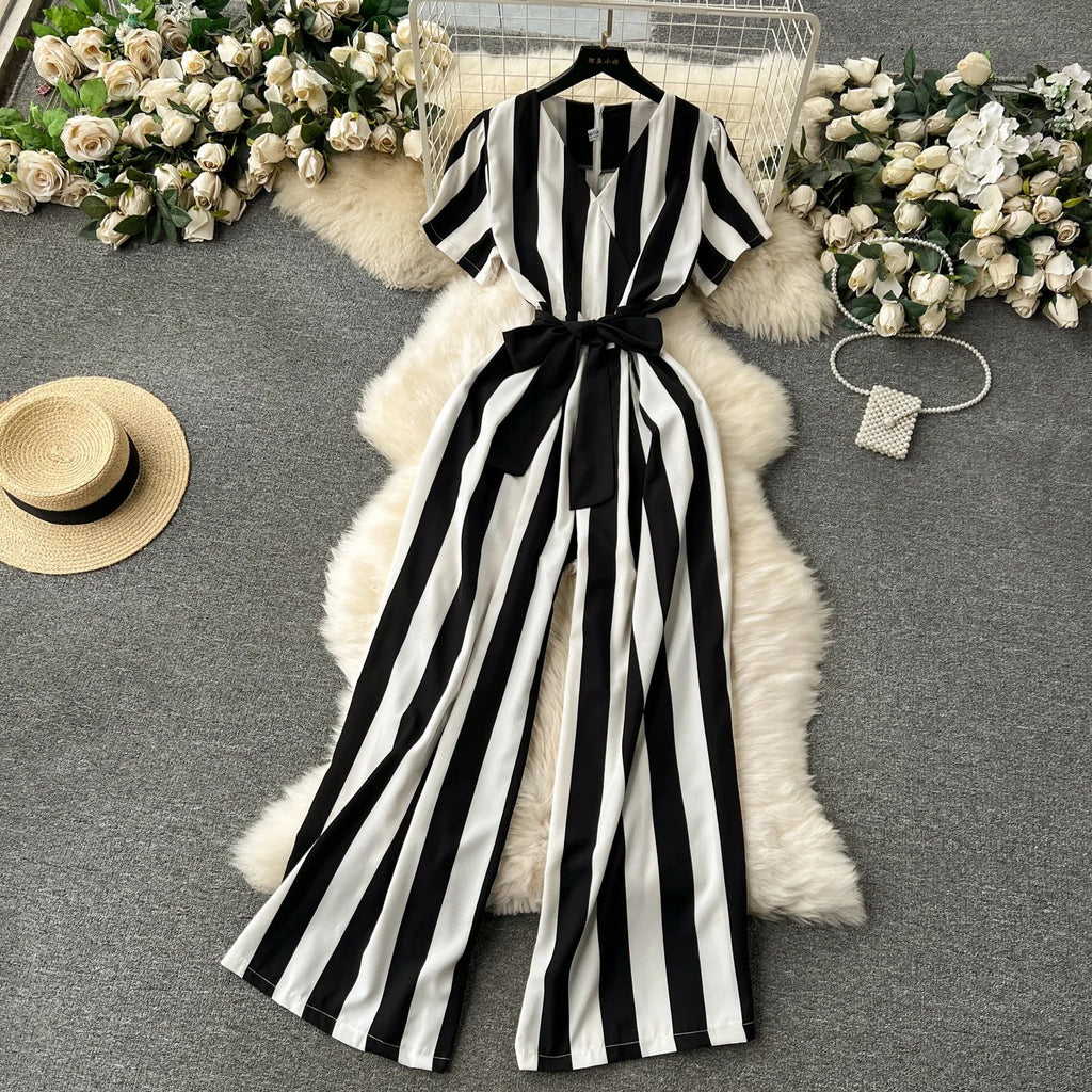 Sleeveless V Neck Stripe Jumpsuit for Women with Lace Up Bow Detail Summer Long Romper High Street Korean Inspired Style
