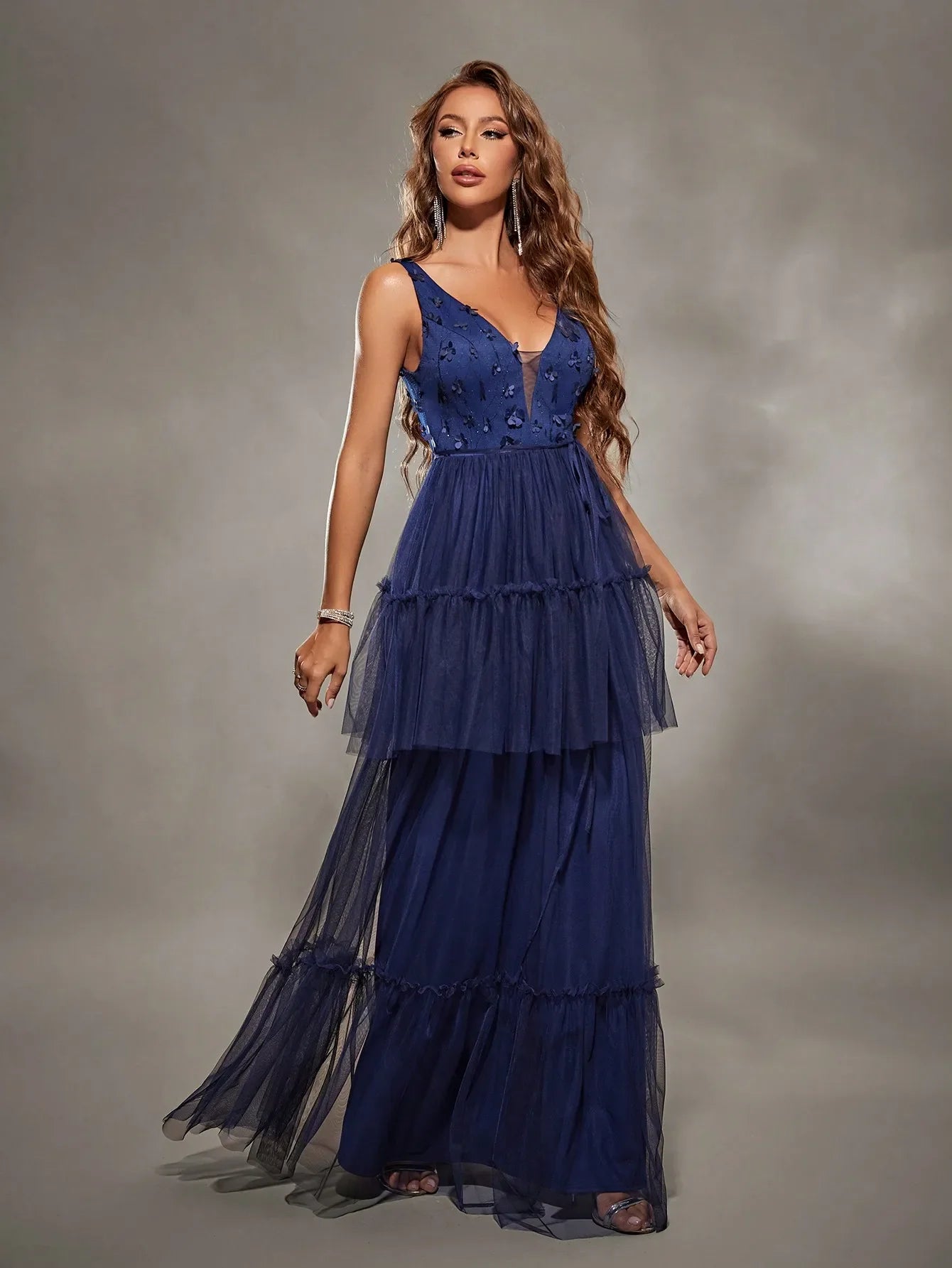 V Neck Embroidered Mesh Evening Gown With Layered Skirt
