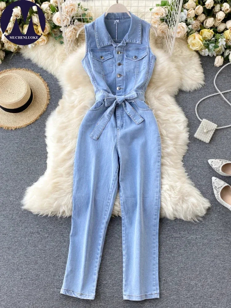 Slim Fit Sleeveless Denim Jumpsuit for Women with Single Row Buckle and Retro Lace-Up Detail Summer Fashion Jumpsuit