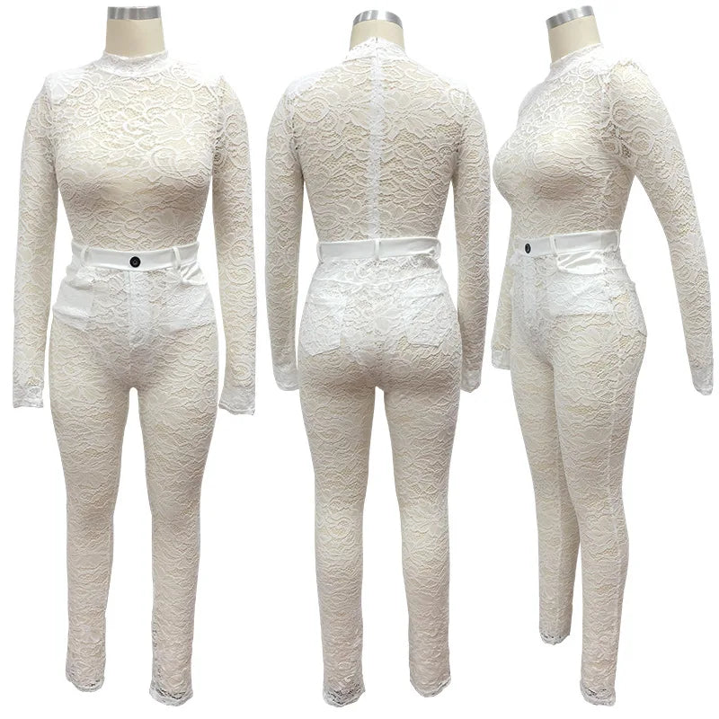 Lace Hollow Out Bodysuit and Pants Set for Women - Slim Fit Midnight Party Bodycon Outfit for Cocktail Events