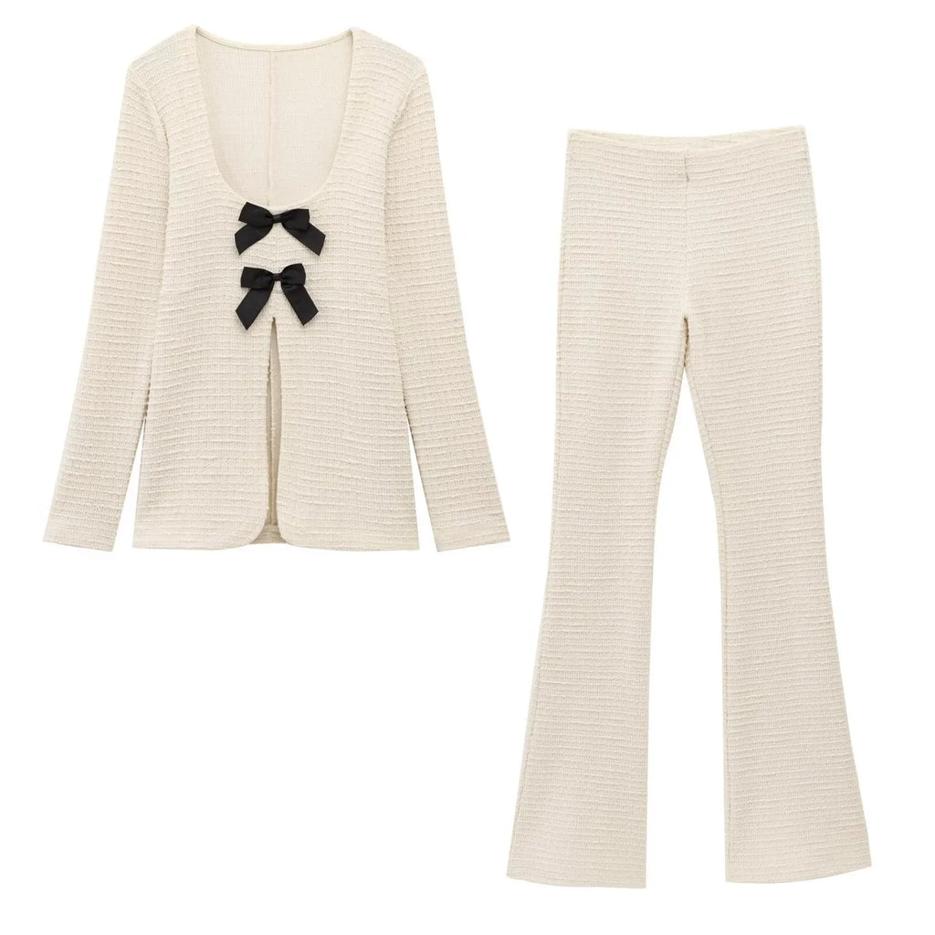 Women's Casual Chic Bow Top and Flared Pants Suit Set for Spring and Summer