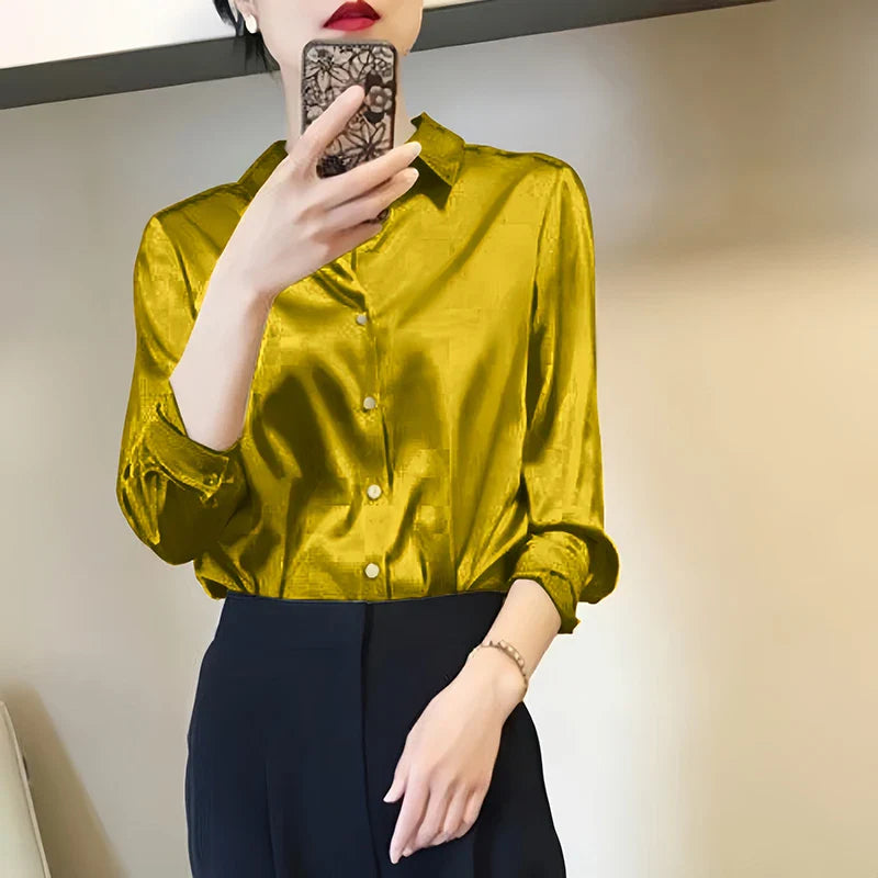Satin Finish All-Match Blouse for Women Long Sleeve Casual Elegant Button Down Shirt Solid Color French Style Office Top