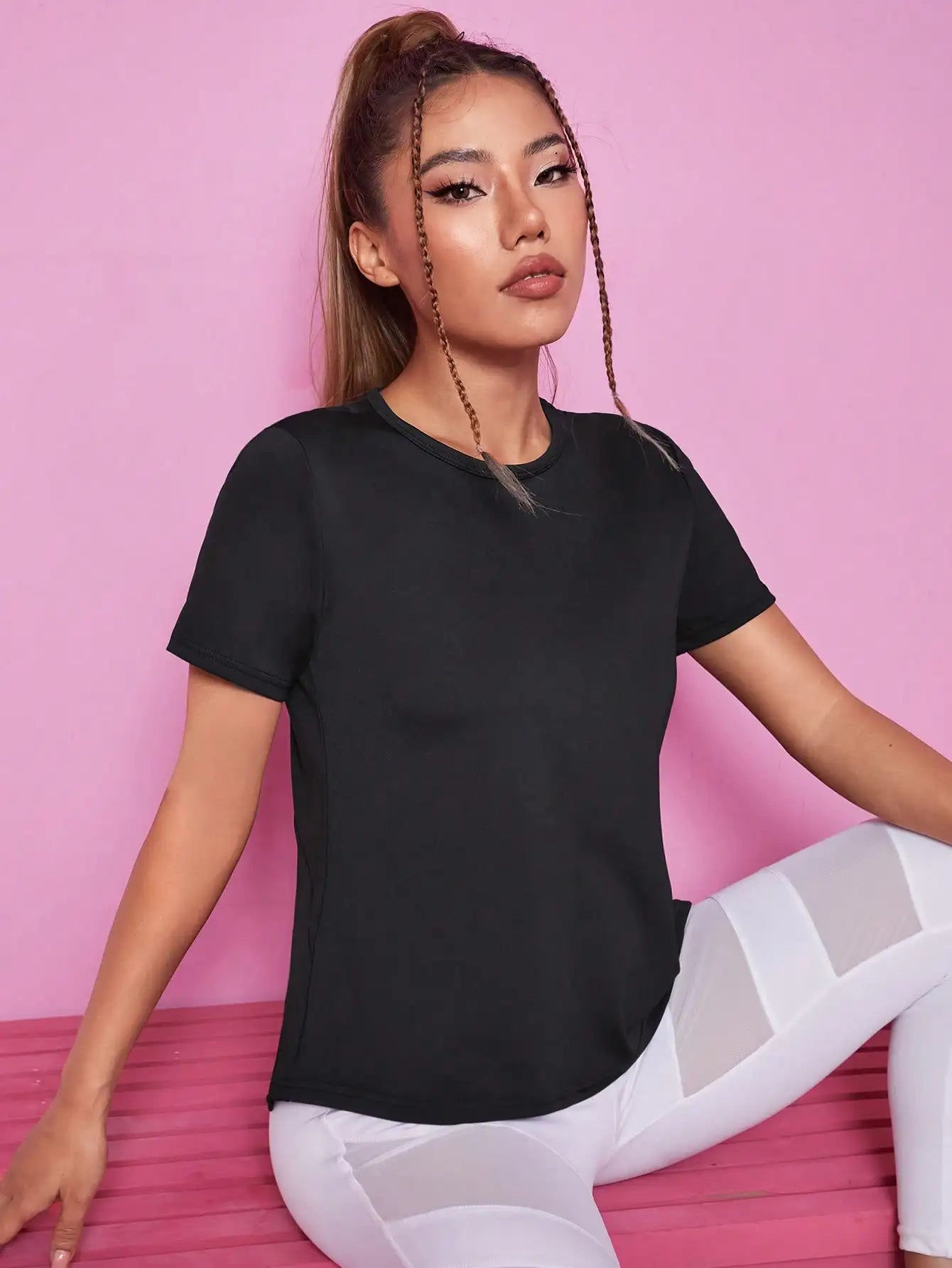 Solid Color Mesh Contrast Breathable Sports T Shirt for Women Quick Drying Activewear
