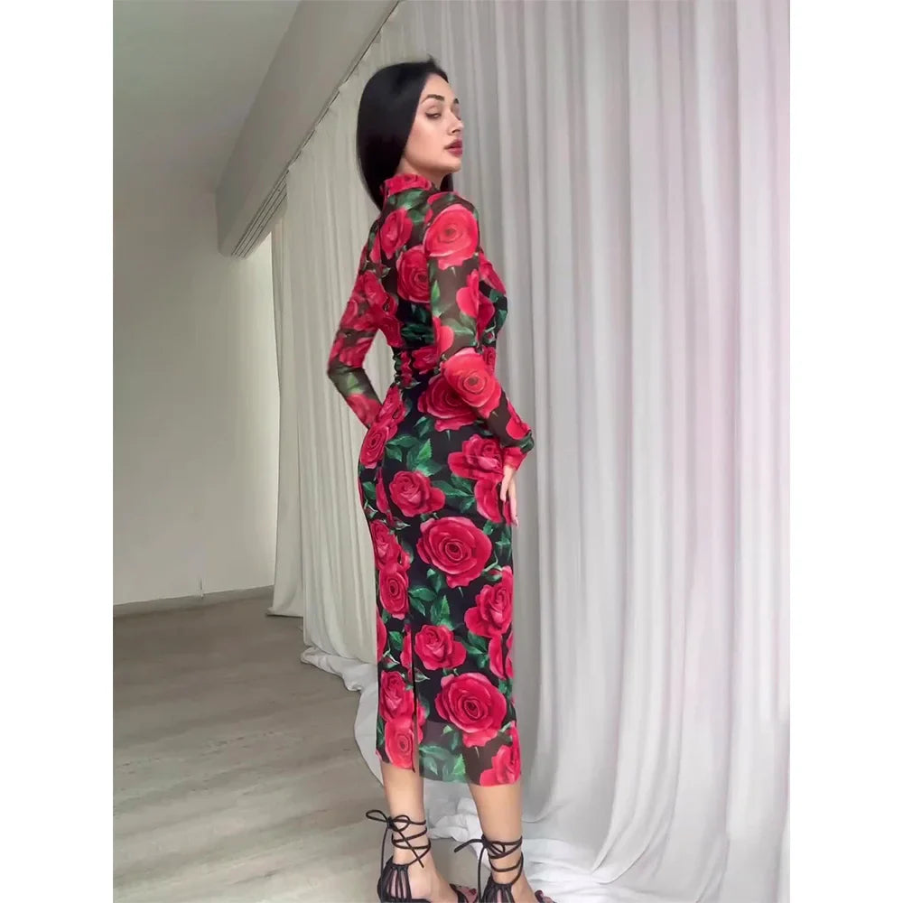 Printed Long Sleeve Dress For Women Vintage Retro Style