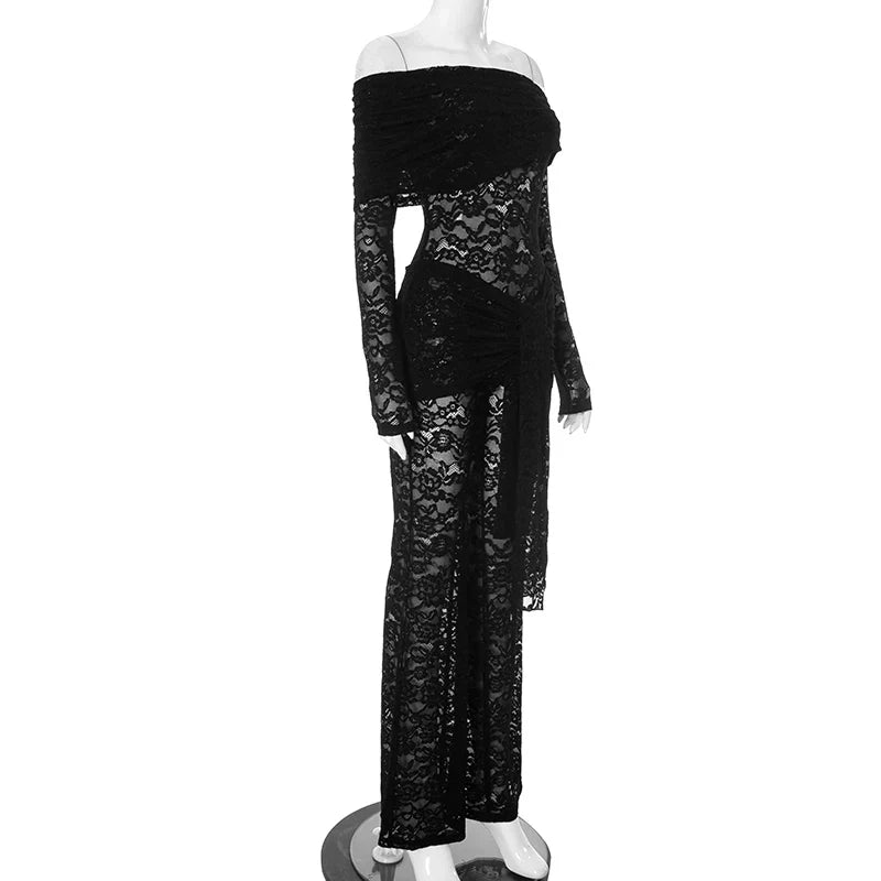 Solid Color Smocked Lace Splicing See-Through Strappy Jumpsuit Pants Sexy Nightclub Evening Party Outfit for Women