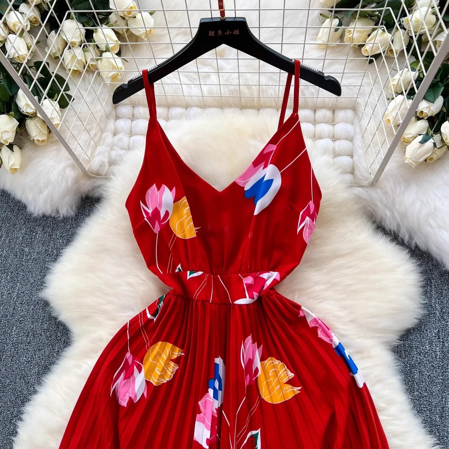 Floral Print Maxi Dress High Waist Spaghetti Strap Backless