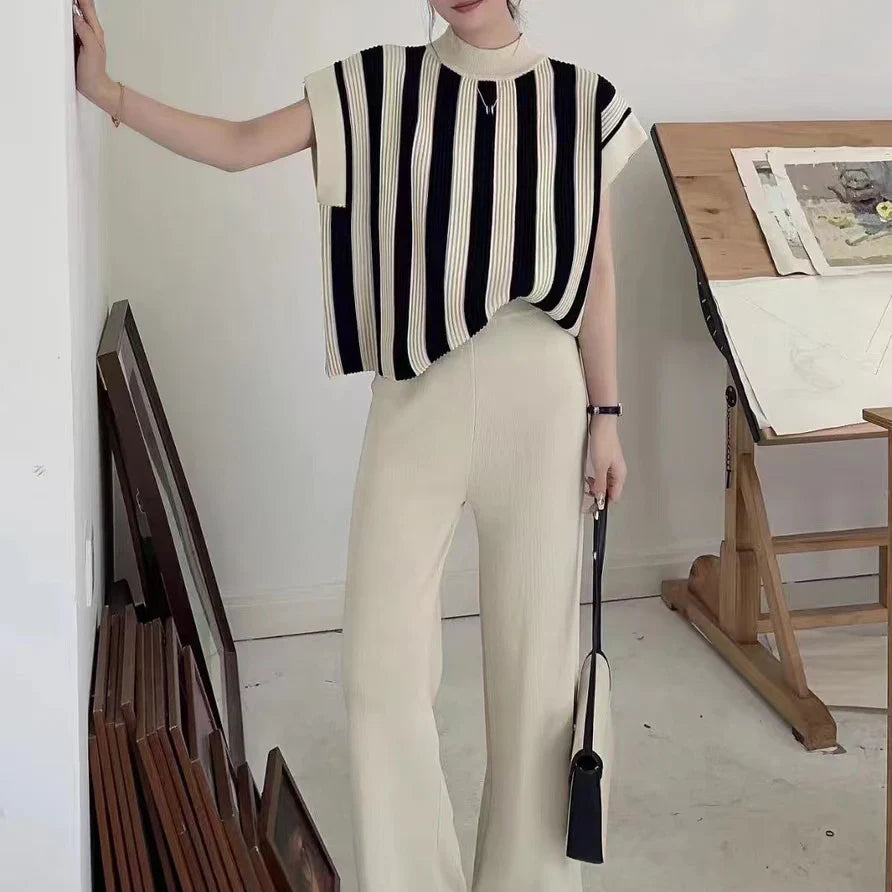 Women Casual Striped Sweater Pant Set Autumn Winter Knitted Short Sleeve Tops and Elastic Sweater Pants