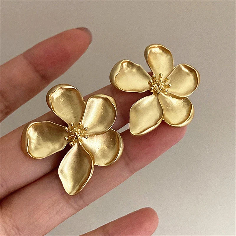 Gold Color Matte Texture Metal Flower Retro Earrings for Women Fashion Party Jewelry Gifts