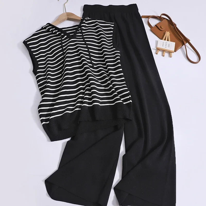 Women Casual Summer V-Neck Striped Tank Top and High Waist Wide Leg Pants Set