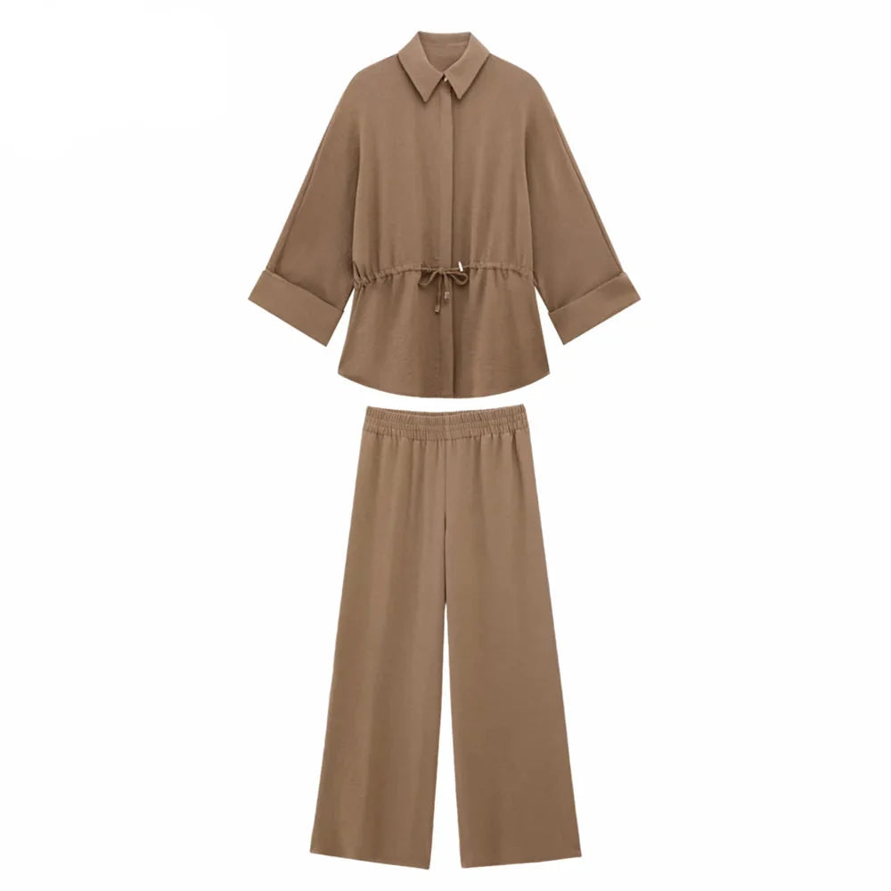 Women's Collared Roll-Up Sleeve Shirt and Drawstring Waist Wide Leg Pants Set