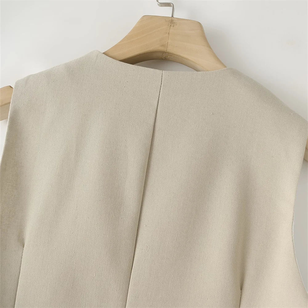 Versatile Slim Sleeveless Cotton Linen Vest and Mid-Waist Trousers Suit for Women's Commuting Style