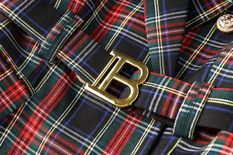 Black Red Plaid Blazer Dress With Belt For Office Women