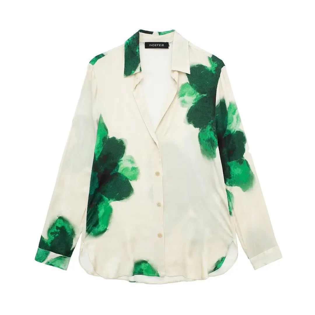 Trendy Summer Suit for Women with Printed Turn-Down Collar Long Sleeve Shirt and Elastic Waist Lace-Up Pants