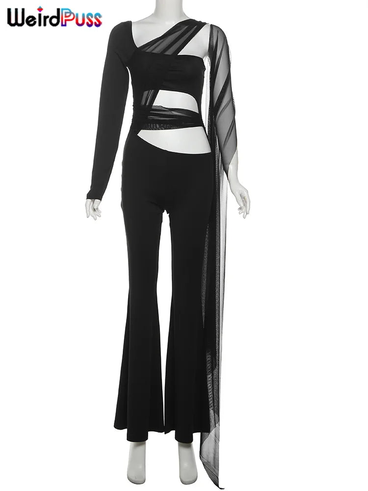 Sexy Hollow Mesh Jumpsuit for Women with Cross Bandage Ribbon, Single Shoulder Design, Full Sleeve Stretch Fit, Midnight Clubwear Overalls