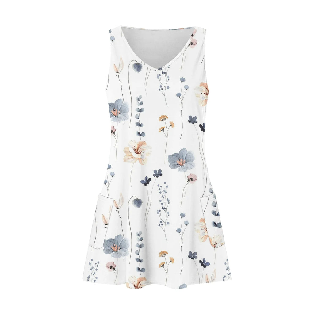 Boho Floral Knee Length Sundress With Pockets Loose