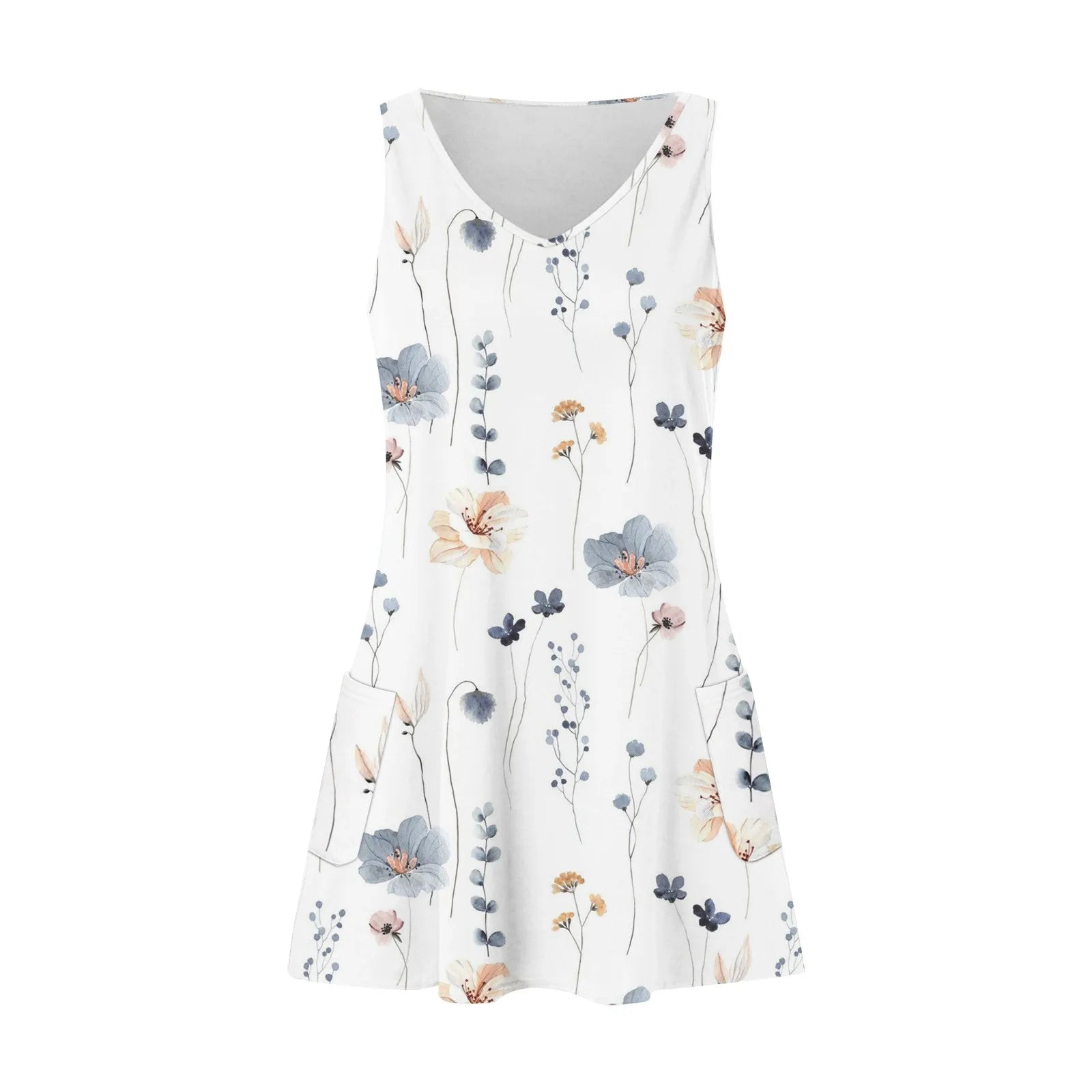 Boho Floral Knee Length Sundress With Pockets Loose