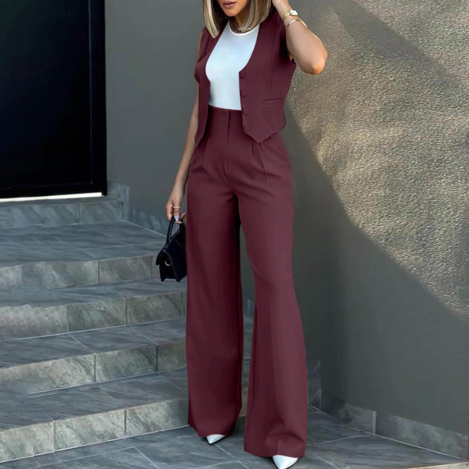 Sleeveless V-Neck Vest and High Waist Wide Leg Pant Set for Women Casual Chic Vintage Elegant Two Piece Outfit for Office and Everyday Wear