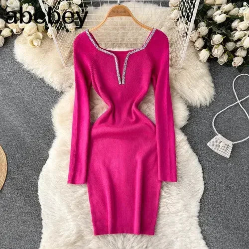 Knit Bodycon Dress For Women Long Sleeve Winter Sweater