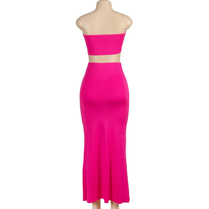 Solid Color Sleeveless Tube Top with High Waist Slim Long Skirt Set for Women Summer Chic Fashion