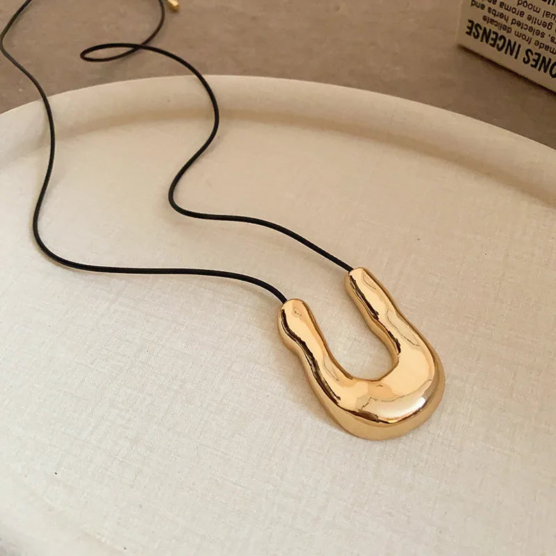 Punk Large U-Shape Geometric Pendant Necklace for Men and Women Adjustable Leather Rope Sweater Chain Jewelry