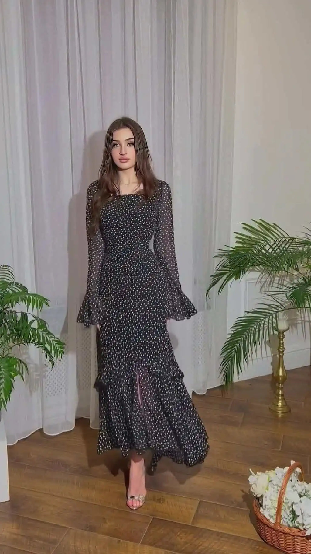 Polka Dot Chiffon Dress With Lotus Sleeve High Waist