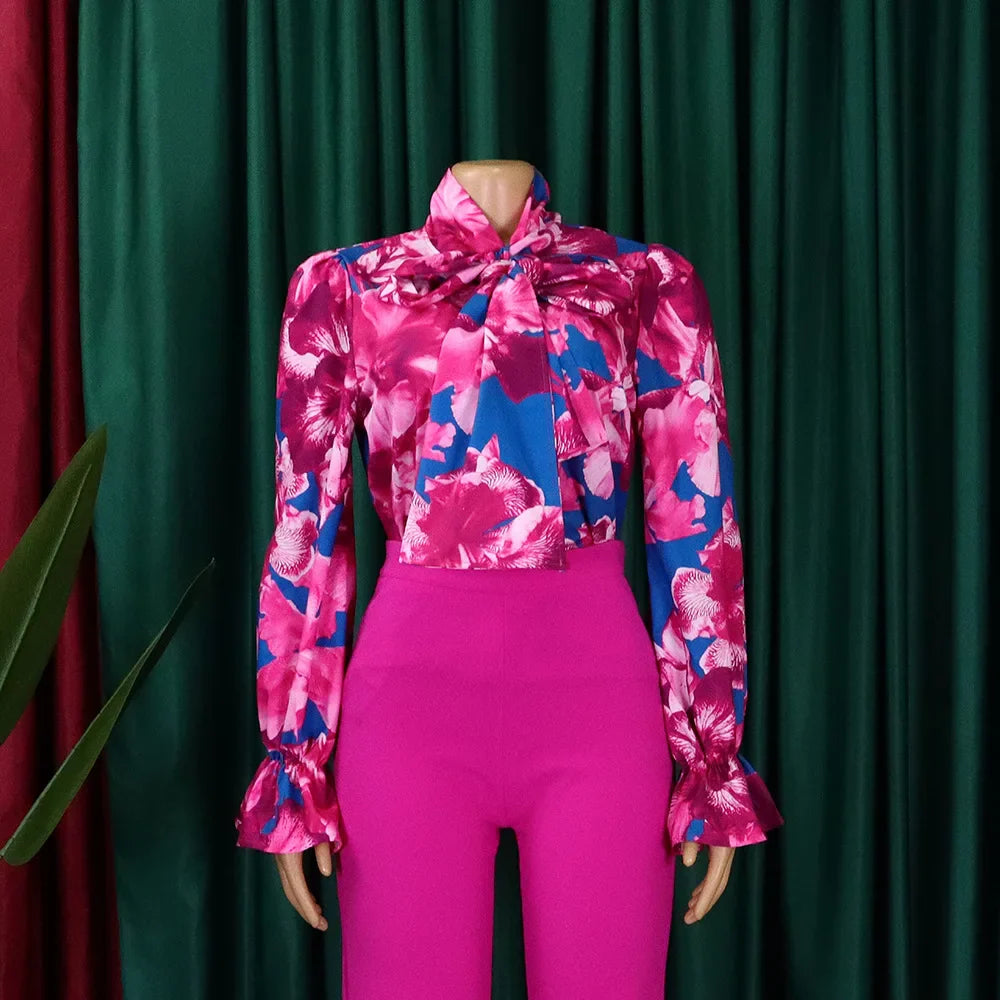 Elegant Full Sleeve Bow Collar Printed Blouse for Women Stylish Business Workwear Shirt Tops