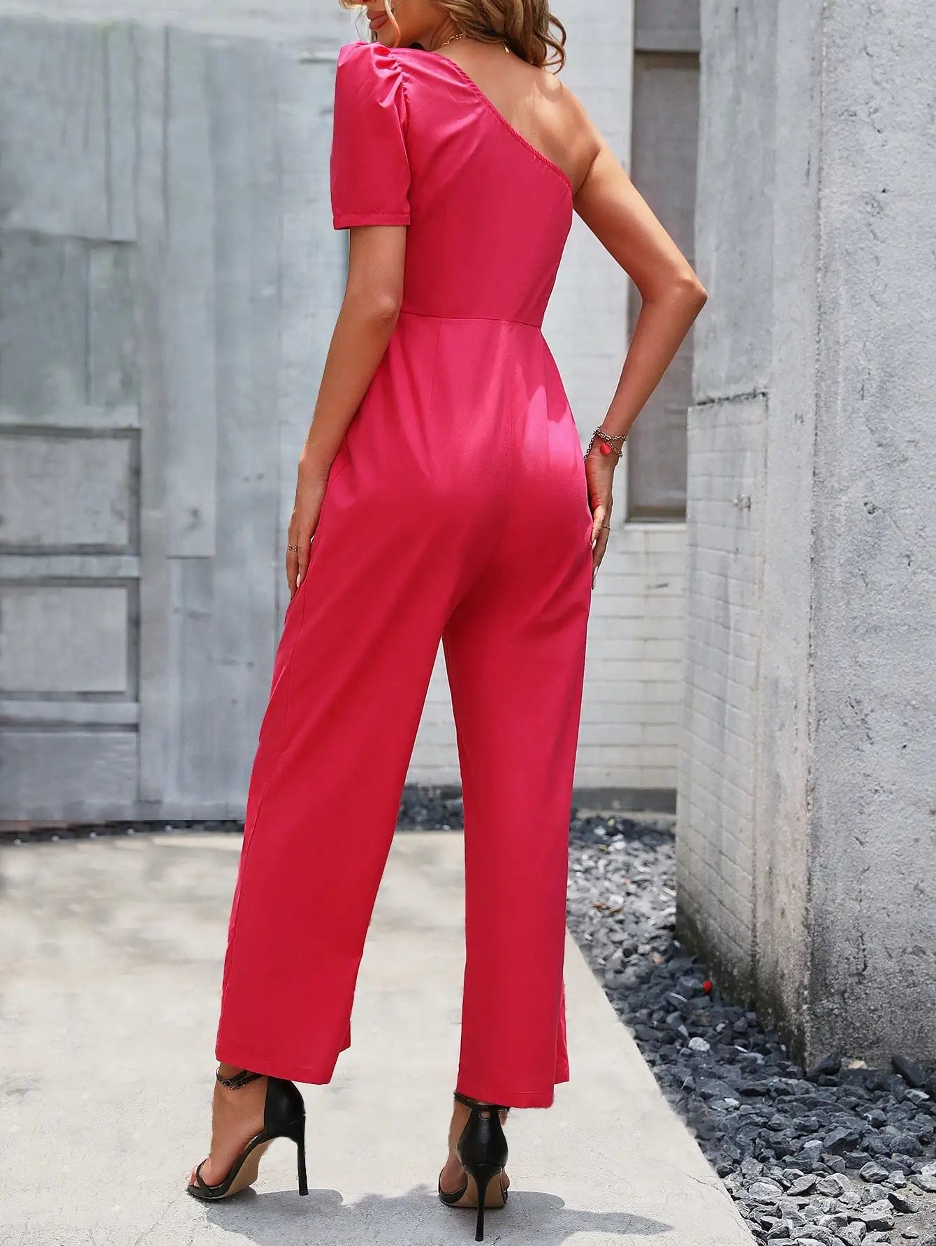 Elegant Stylish Women Romper with Diagonal Collar Short Sleeve Asymmetrical Lantern Sleeve Casual Sexy Jumpsuit Pants