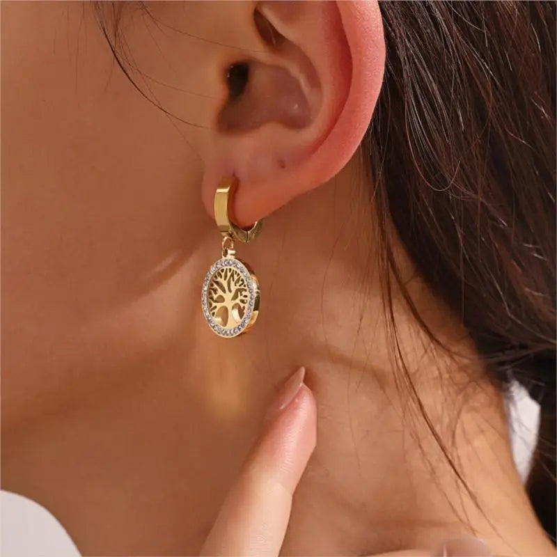 Trendy Titanium Stainless Steel Bohemia Hoop Earrings with CZ Crystal Tree Design for Women and Girls