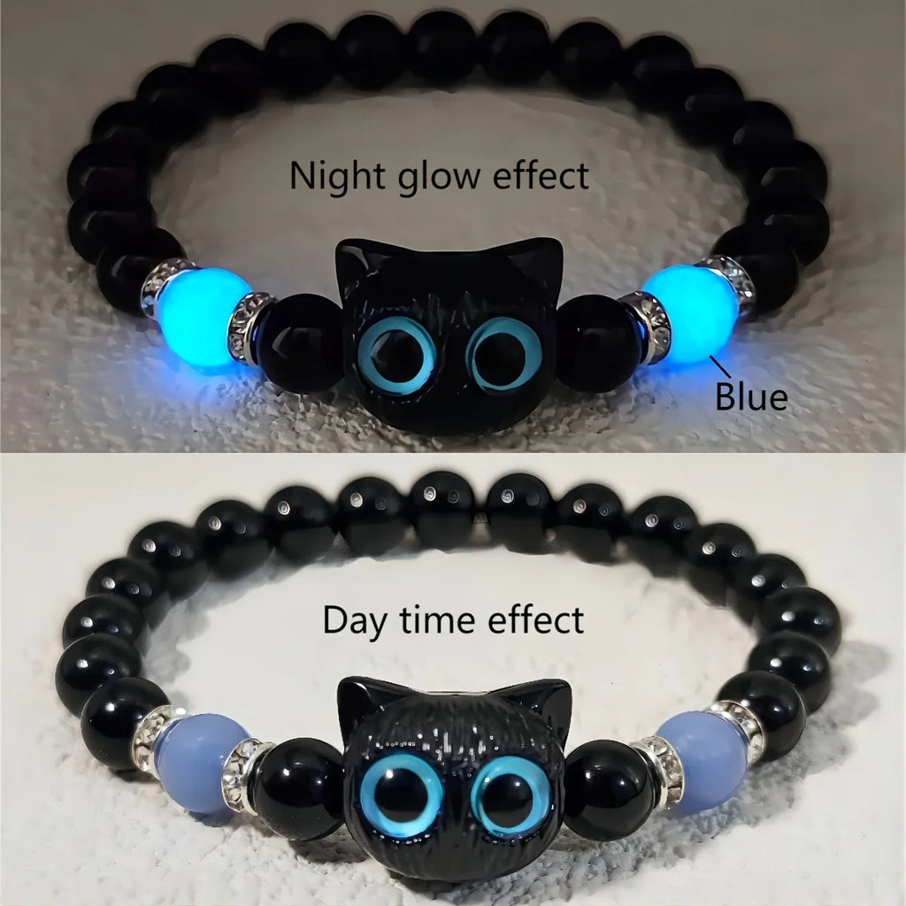 Luminous Cat Charm Bracelets for Couples Glow in the Dark Friendship Bangles Black and White Cat Head Design