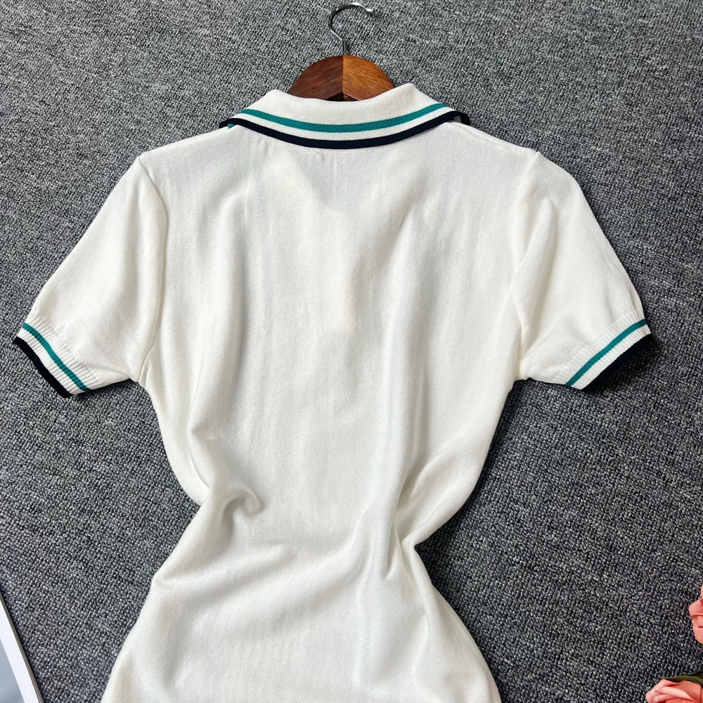 Vintage Knit Mini Dress With Turn Down Collar And Ruffles