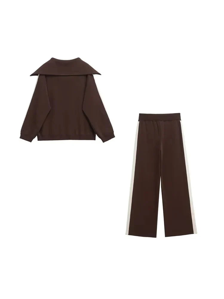 Women's Casual Two-Piece Set with Knit Sweater and High-Elastic Waist Straight Pants