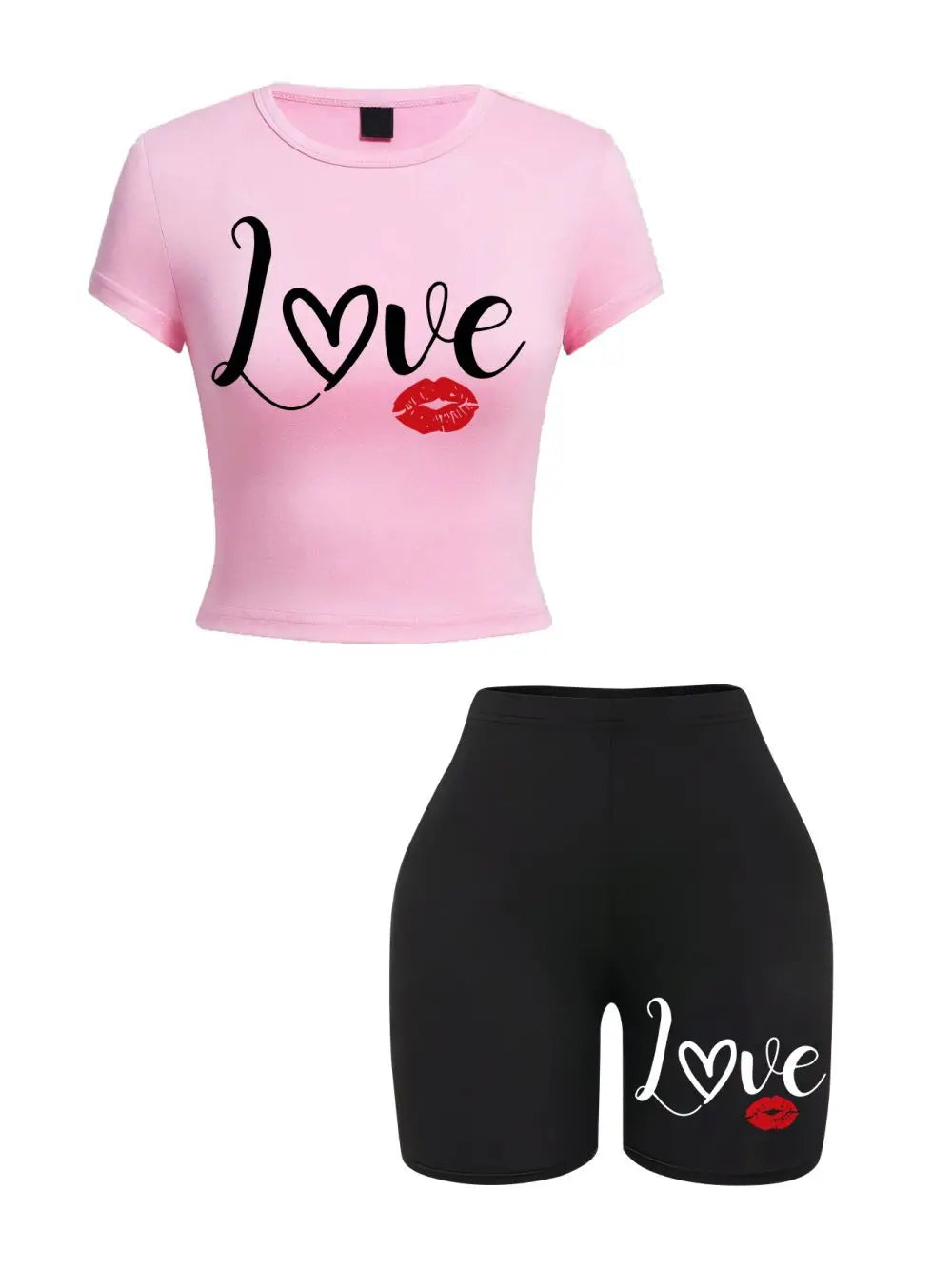 Casual Womens Two-Piece Crop Top and Shorts Set with Love Lip Pattern Letter Print Soft Slim Fit O-Neck T-Shirt and High Elastic Shorts