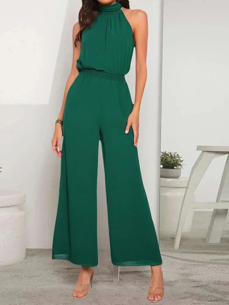Women's Casual Solid Color Sleeveless Wide-Leg Chiffon Jumpsuit with Hanging Neck and High Waist Ankle-Length Pants for Summer