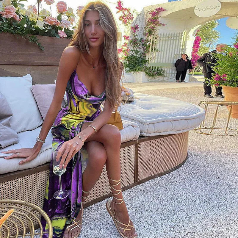 Backless Summer Print Dress with Slit and Spaghetti Straps