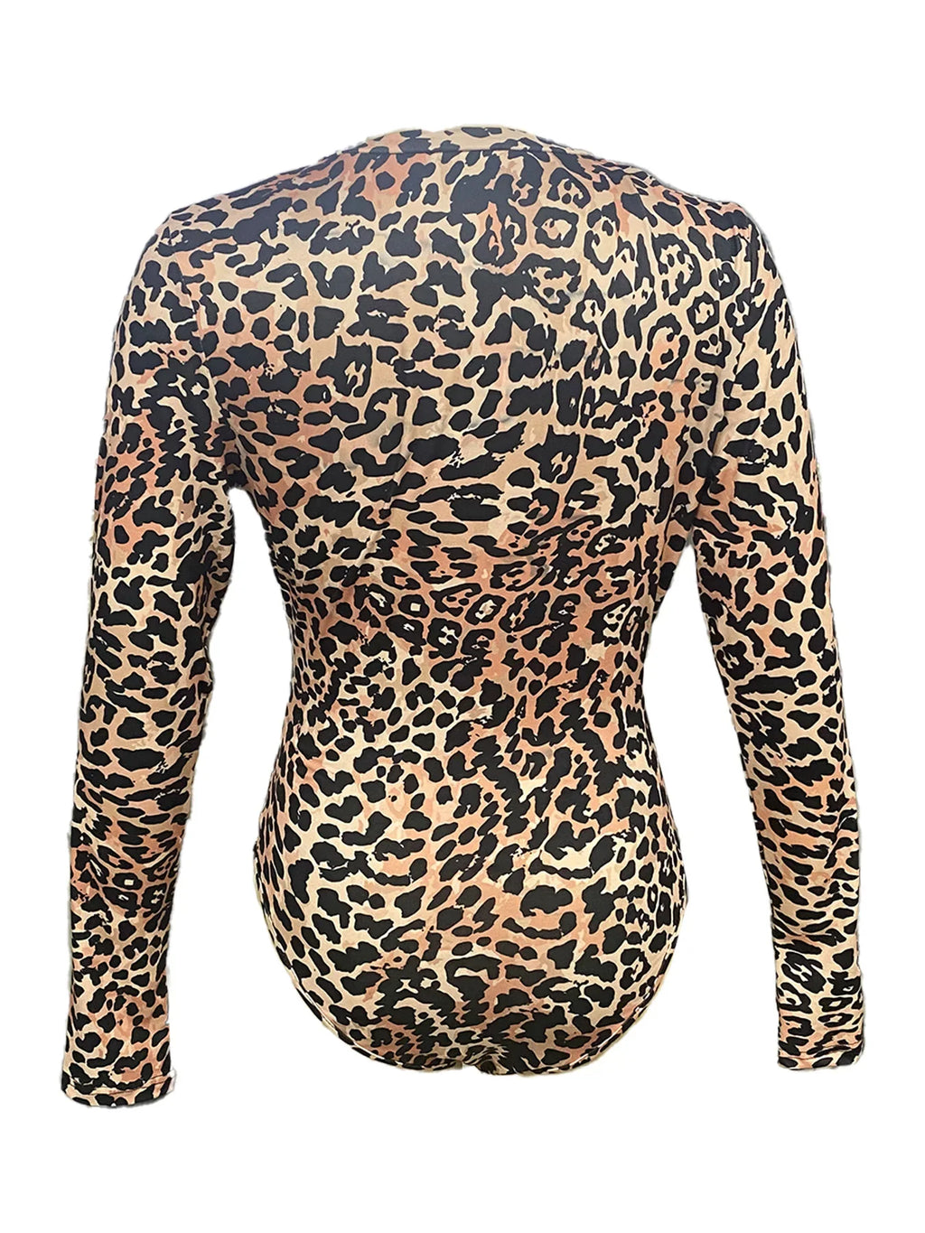 Sexy Leopard Print Long Sleeve V Neck Jumpsuit Shorts with Front Zipper Closure