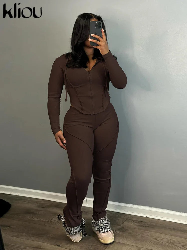 Casual Sporty 2 Piece Activewear Set for Women with Irregular Full Sleeve Zip-Up Hoodie and Slim Elastic Pants