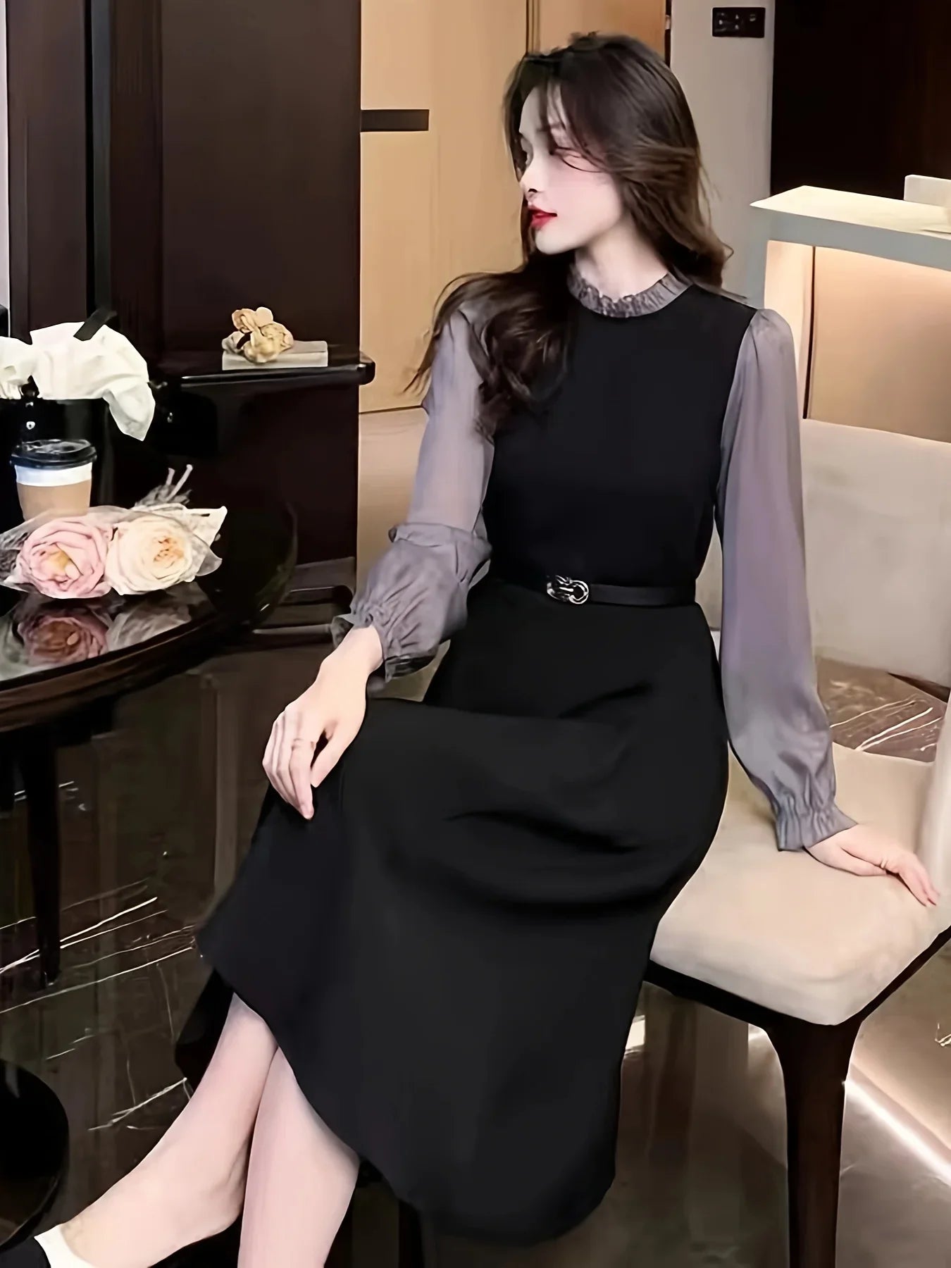 Color Block Dress Lettuce Trim Long Sleeve Midi Womens