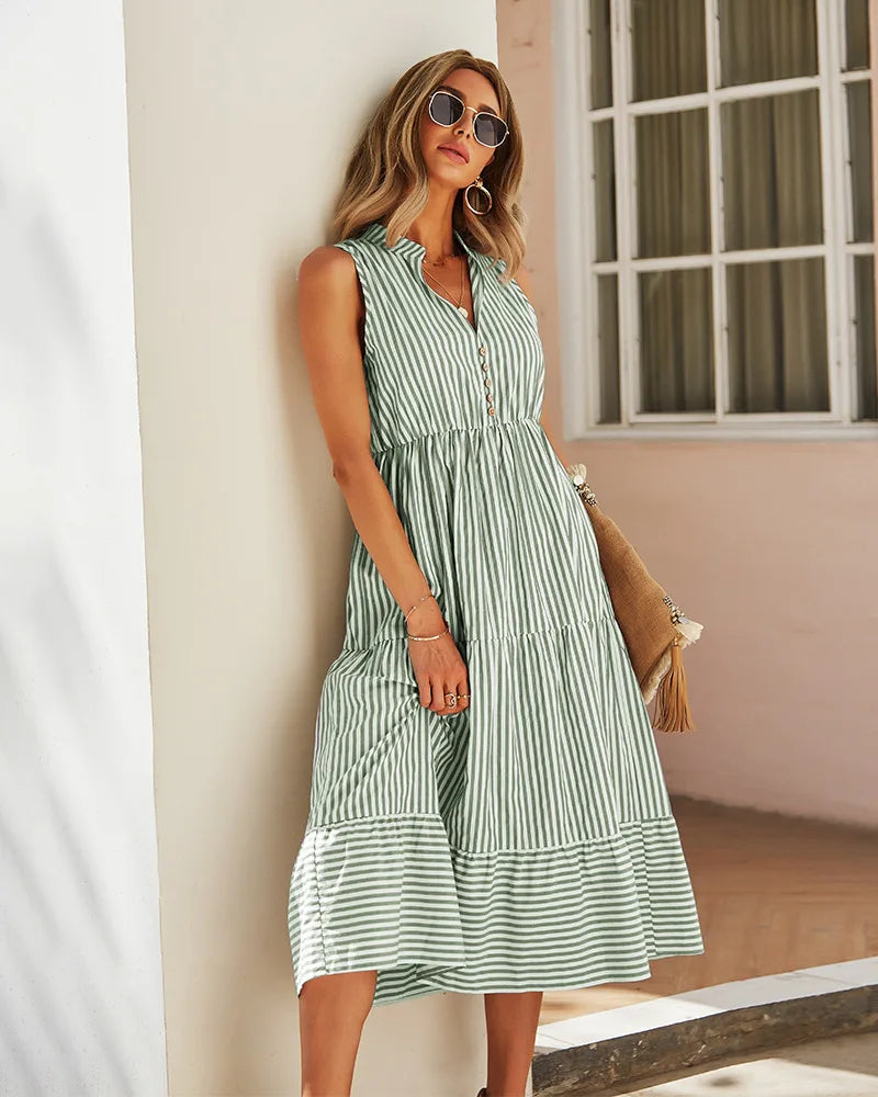 Striped Shirt Dress Women Sleeveless V Neck A Line Casual