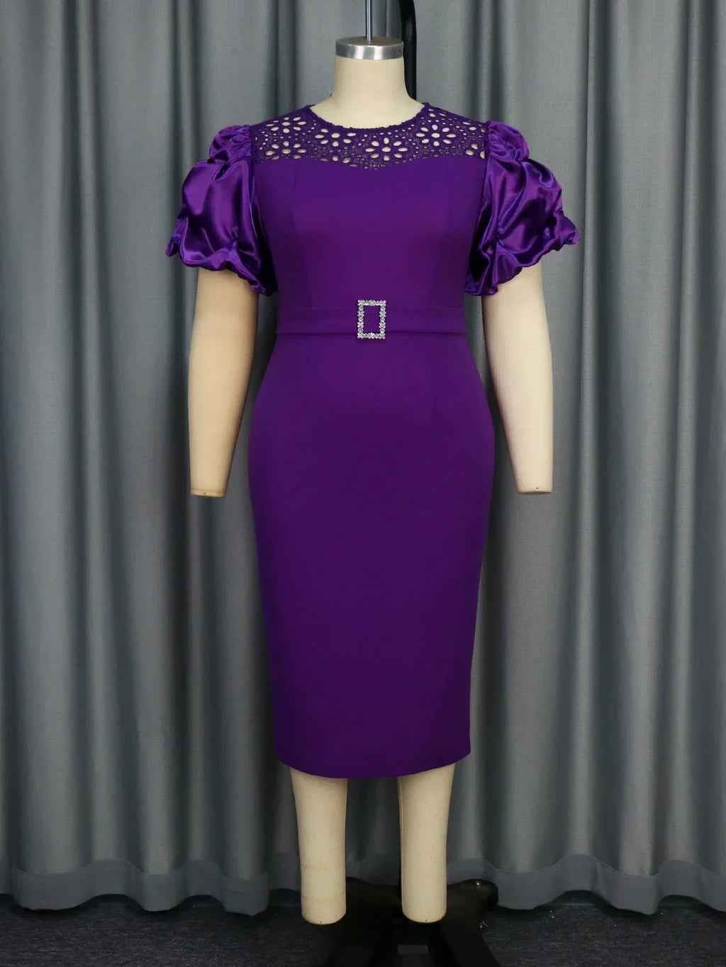 Modest Church Dress With Puff Sleeves Lace Patchwork