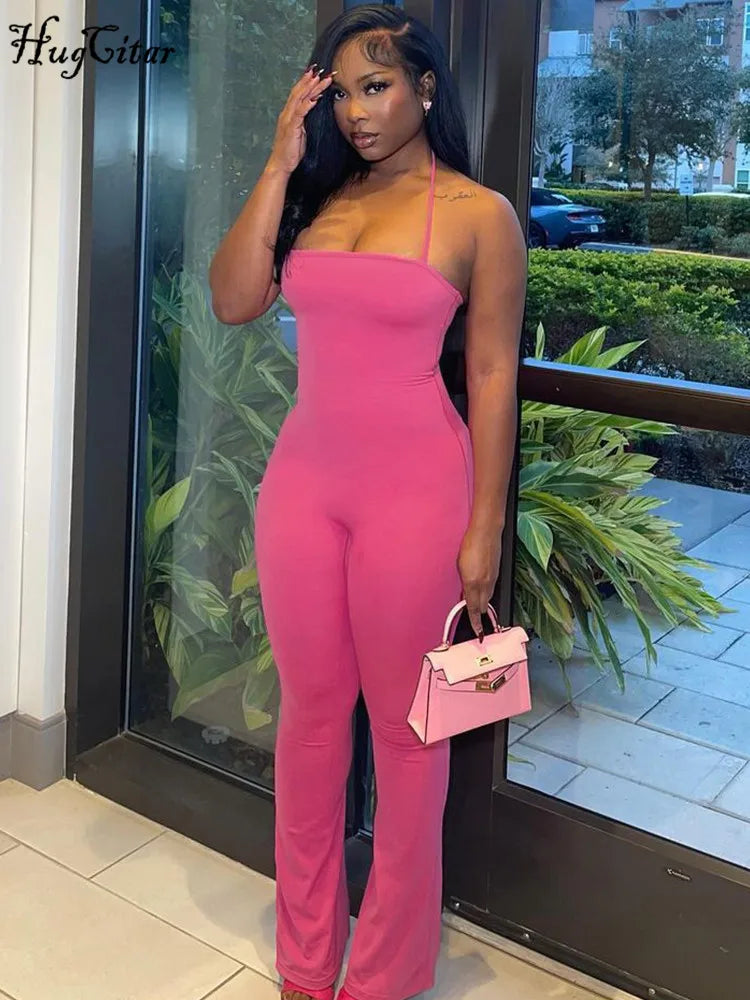 Sleeveless Halter Backless Bodycon Jumpsuit with Flare Pants Casual Rompers for Women Streetwear Festival Outfit