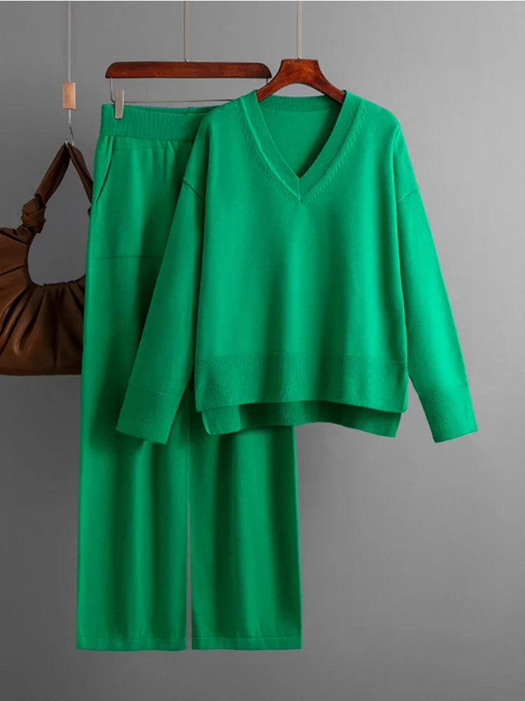 Casual Women's Sweater Pullover Knit Two-Piece Set with Loose Pants for Autumn and Winter