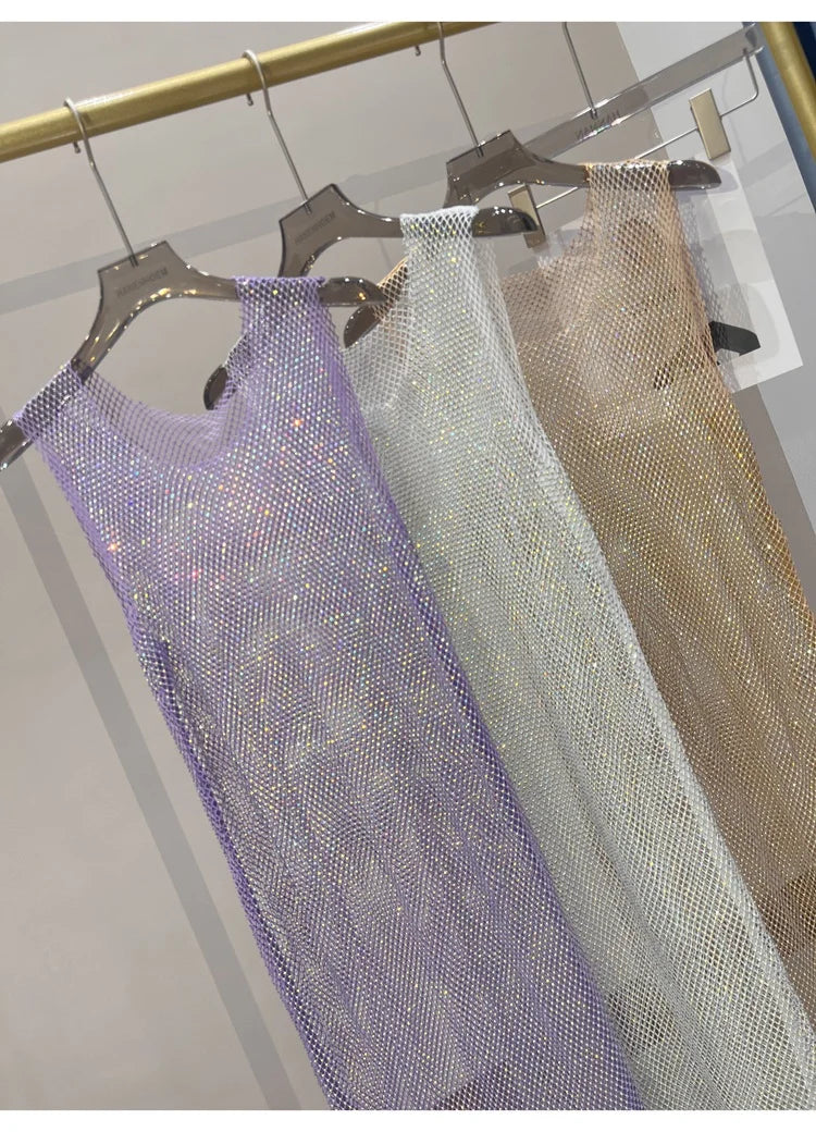 Rhinestone Mesh Midi Dress for Sexy Party and Clubwear