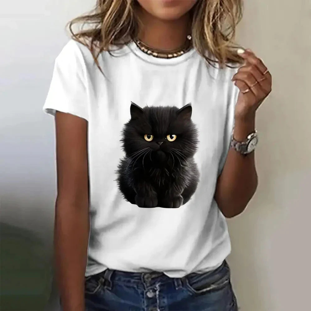 Cute Cat Printed Women's T-Shirt Comfortable Casual Short Sleeve Top for Daily Wear
