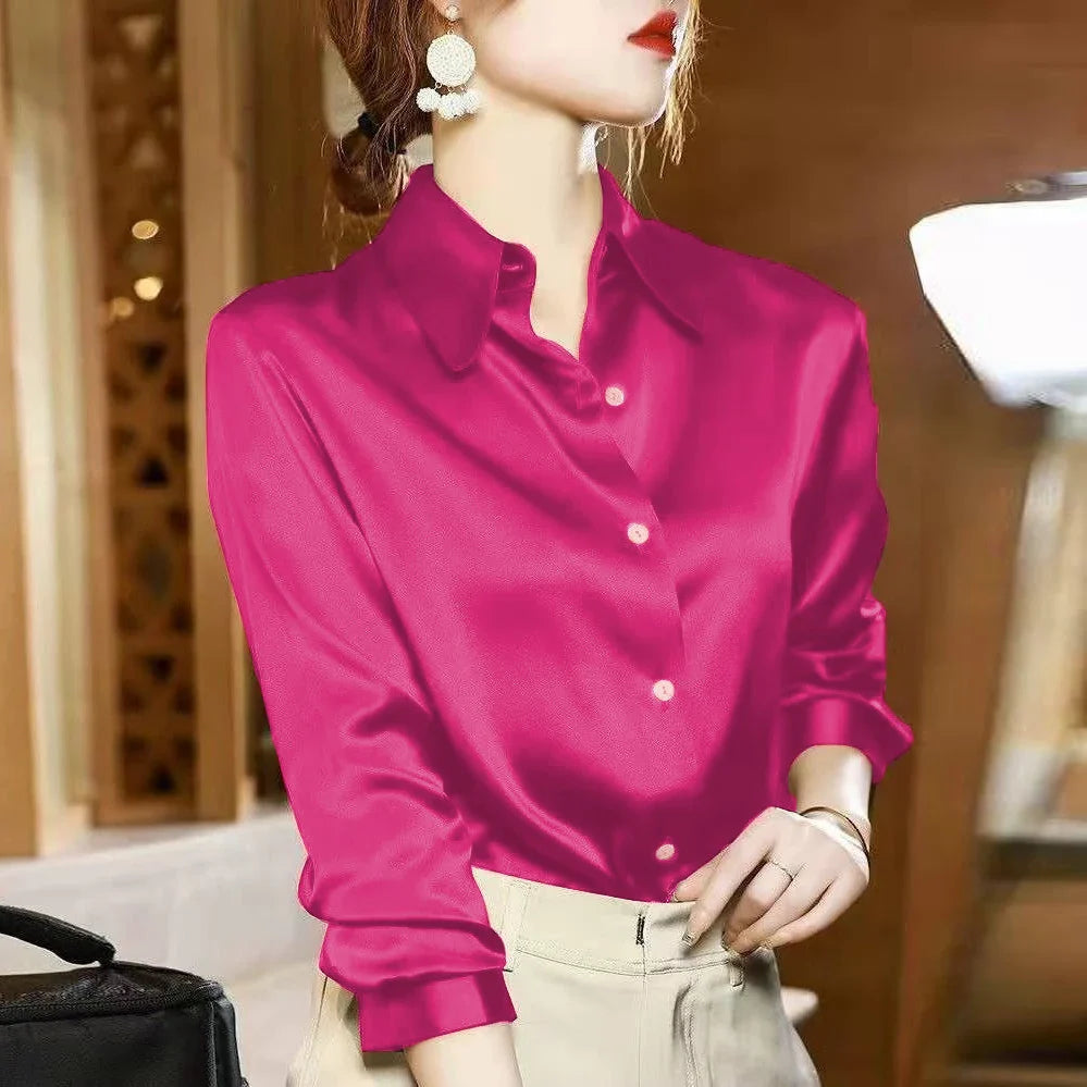 Elegant Satin Long Sleeve Shirt for Women Slim Fit Casual Office Blouse with Transparent Buttons